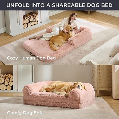 Bedsure Foldable Human Dog Bed for People Adults, 2 in 1 Calming Human Size Giant Dog Bed Fits Pet Families with Egg Foam Supportive Mat and Waterproof Liner, Faux Fur Orthopedic Pet Sofa, Pink