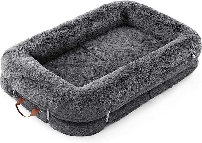 LE SURE Foldable Human Dog Bed - 3 in 1 Flexible Giant Human Dog Bed for Adult People with Supportive Bolster Egg Foam, Waterproof Liner, Calming Fluffy Faux Fur Orthopedic Big Bean Bed, Charcoal