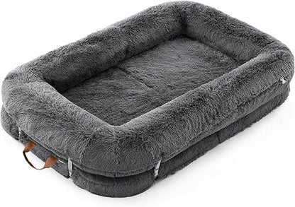 LE SURE Foldable Human Dog Bed - 3 in 1 Flexible Giant Human Dog Bed for Adult People with Supportive Bolster Egg Foam, Waterproof Liner, Calming Fluffy Faux Fur Orthopedic Big Bean Bed, Charcoal