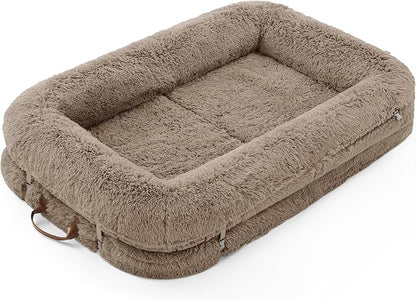 LE SURE Foldable Human Dog Bed - 3 in 1 Flexible Giant Human Dog Bed for Adult People with Supportive Bolster Egg Foam, Waterproof Liner, Calming Fluffy Faux Fur Orthopedic Big Bean Bed, Taupe