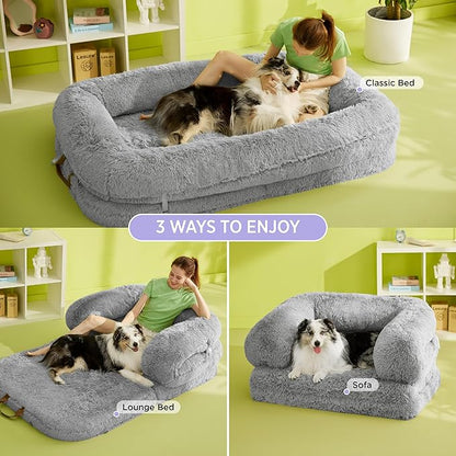 LE SURE Foldable Human Dog Bed - 3 in 1 Flexible Giant Human Dog Bed for Adult People with Supportive Bolster Egg Foam, Waterproof Liner, Calming Fluffy Faux Fur Orthopedic Big Bean Bed, Soft Grey