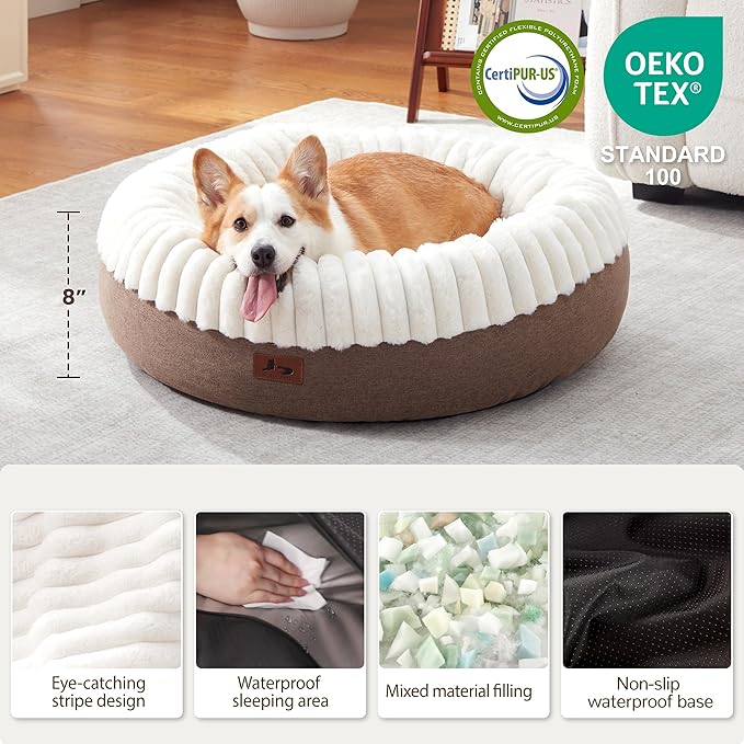 Warmrest Donut Dog Bed Medium Size Dog 30 Inch, Round Cat Beds for Small Medium Dogs and Cats with Washable Fluffy Faux Fur, Cute Comfort Pet Bed with Anti-Slip Bottom, Cream