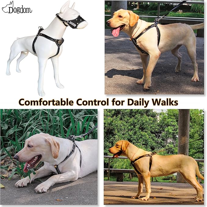 Leather Dog Harness with Padded Chest Plate – Adjustable Genuine Leather H-Style Walking Harness with Metal Buckles and American Flag Emblem for Medium & Large Dogs, Black & Brown (Black, M)