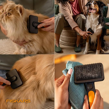 Fiskars Pet, Cat and Dog Brush, Fine Bristles & SoftGrip Handle for Gentle Grooming and Deshedding, Cat and Dog Supplies, Orange/Black