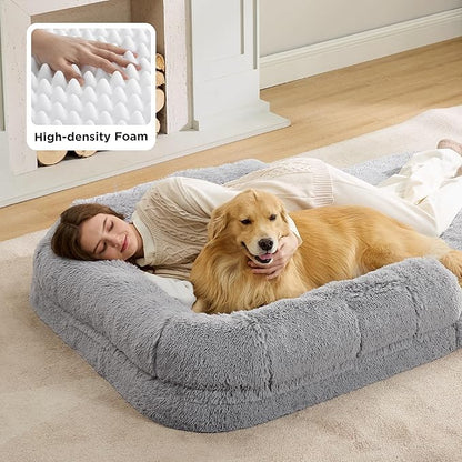 Bedsure Foldable Human Dog Bed -Giant Dog Bed for Adult People with Supportive Bolster Egg Foam, Waterproof Liner, Calming Fluffy Faux Fur Orthopedic Big Bean Bed, Light Grey