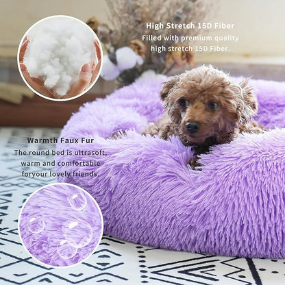 Calming Donut Dogs Beds for Small Dogs Washable,19inch Fluffy Round Puppy Bed for Puppies,Cats & Toy Breeds with Raised Rim,Fits up to 15 lbs Pets,Purple