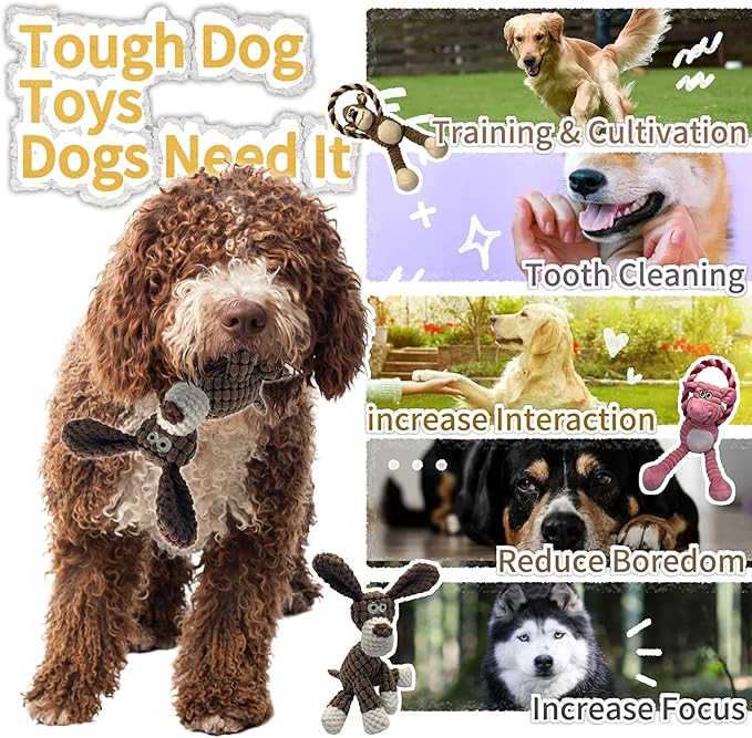 Plush Wrinkled Squeaky Dog Toy,2-Pack The Best Durable Teething Puppy Rope Chew Toy Keeps Them Busy Playing Hide-and-Seek Suitable for Puppy, Medium Dogs and Large Dogs (Pink & Gray)