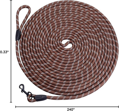 Long Dog Leash for Training 20Ft-Reflective Nylon Rope with Swivel Hook-Recall Agility Lead for Large Small Medium Dogs Outside Walking Hiking-Brown