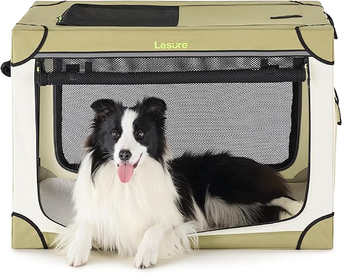 Lesure Shown on TODAY Show Soft Collapsible Dog Crate - 36 Inch Portable Travel Crate for Large Dogs Indoor & Outdoor, 4-Door Foldable Pet Kennel with Mesh Windows, Beige