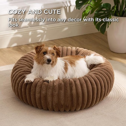 Bedsure ComfyFleece Donut Small Dog Bed - Dog Beds for Small Dogs with Corduroy Fleece & Anti Slip Bottom, Round Faux Fur Pet Beds with Washable Removable Cover, Camel Brown, 27x27x8 inches