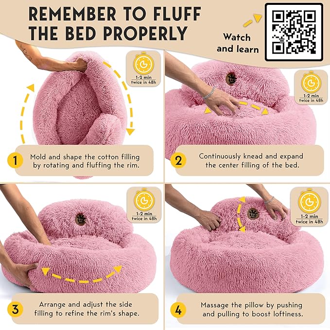 PetJett Calming Medium Dog Bed - 30'' Round Dog Beds, Anti-Slip & Washable Super Soft Fluffy Plush Donut Bed, Anti-Anxiety Premium Comfort Pet Bed, Fits Dogs up to 45 lbs - Pink