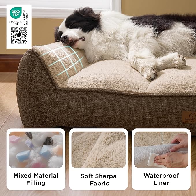Bedsure XL Orthopedic Dog Beds Large Sized Dog - Extra Thick Supportive Dogs Couch with Waterproof Washable Cover, Extra Large Comfort Pet Bed Sofa with Soft Plush Sherpa and Nonskid Bottom, Brown