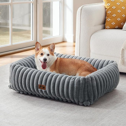 Warmrest Washable Dog Bed for Small Medium Dogs - Rectangle Orthopedic Corduroy Fleece Pet Bed with Removable Cover and Nonskid Bottom, Calming Puppy Bed Soft Pet Sofa, Grey(30x24x8inchs)