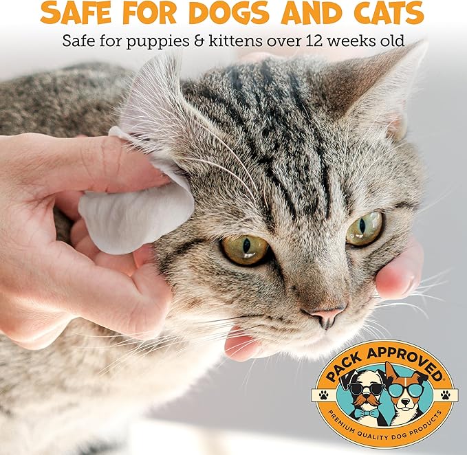Pack Approved Advanced Ear Wipes for Dogs & Cats with Aloe Vera - Gentle, Non-Irritating Ear Cleaner for Cats and Dogs - Helps Deodorize and Remove Ear Wax - Cucumber Melon Scent (100 Wipes)