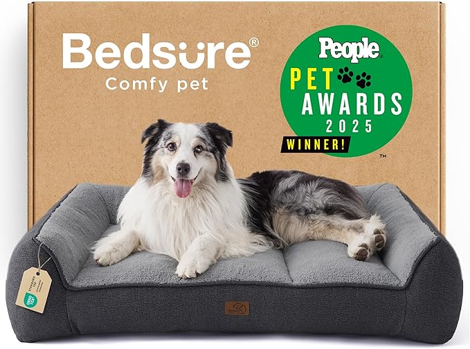 Bedsure XL Orthopedic Dog Beds Large Sized Dog - Extra Thick Supportive Dogs Couch with Waterproof Washable Cover, Extra Large Comfort Pet Bed Sofa with Soft Plush Sherpa and Nonskid Bottom, Grey, 42"