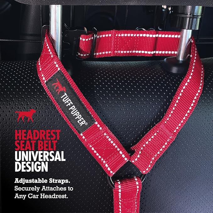 Tuff Pupper Dog Seat Belt for Car Headrest | Adjustable Length Dog Car Harness Restraint | Heavy-Duty Aviation Aluminum Carabiner & Tactical Buckle | Universal Fit for Small, Medium & Large Dogs