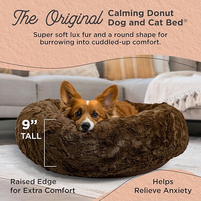 Best Friends by Sheri The Original Calming Donut Dog Bed – Washable Plush Pet Bed for Medium Breeds up to 45 lbs, Lux Faux Fur, Dark Brown, Medium (30" x 30")