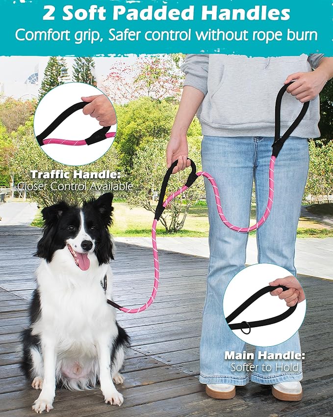 PetBonus Double Handle Rope Dog Leash, 6FT Heavy Duty Training Lead with Lockable Hook and 2 Comfortable Padded Handles, Reflective Walking Nylon Leash for Large Medium Dogs (55-200 lbs, Pink)