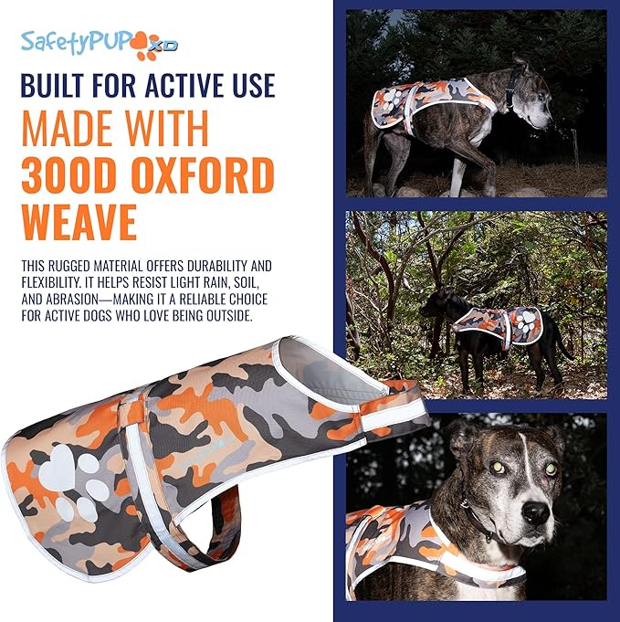 SafetyPUP XD Dog Reflective Vest – Hi-Vis Fluorescent Visibility That Helps to Safeguard Your Pet On/Off Leash in Urban & Rural Areas (Camo, Large)