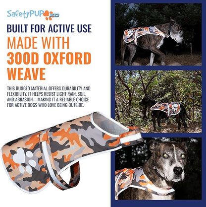SafetyPUP XD Dog Reflective Vest – Hi-Vis Fluorescent Visibility That Helps to Safeguard Your Pet On/Off Leash in Urban & Rural Areas (Camo, Large)