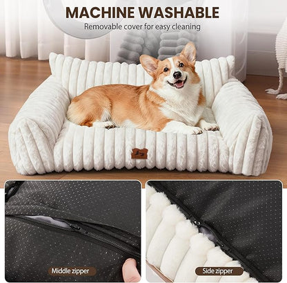 Warmrest Dog Couch for Pets, Cute Small Dog Bed Medium Size Dogs with Cozy Soft Faux Rabbit Fur for Small & Medium Dogs, Supportive Pet Sofa with Removable Washable Cover, Cream, 36"