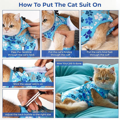 COZYDOODZ Cat Recovery Suit – Soft, Breathable Onesie for Female & Male Pets After Surgery, Spay, Neuter or Wounds, Surgery Outfit, Cone Alternative, Litter Access, Machine Washable, Blue Paw Print