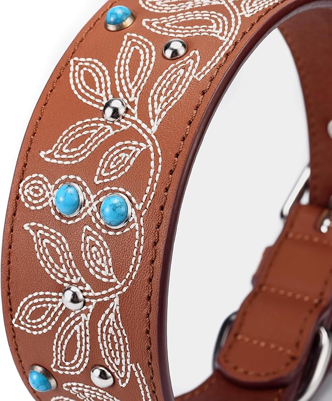 Blueberry Pet Genuine Leather Dog Collar - Western-Inspired Brown Leather Dog Collar for Large Dogs with Floral Embroidery & Turquoise Studs, 18-22 Inch Adjustable & Durable for City Pet Owners