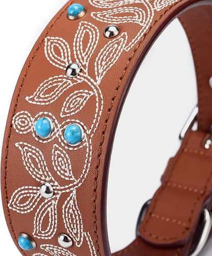 Blueberry Pet Genuine Leather Dog Collar - Western-Inspired Brown Leather Dog Collar for Large Dogs with Floral Embroidery & Turquoise Studs, 18-22 Inch Adjustable & Durable for City Pet Owners