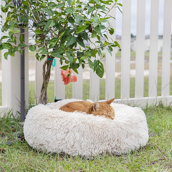 Calming Donut Dogs Beds for Small Dogs Washable,23inch Plush Round Pet Bed for Cozy Sleep,Fluffy Faux Fur Large Cat Bed,Fits up to 25 lbs Pets,Beige