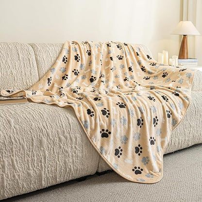 AIWEK Dog Blanket Paw Bone Pattern 1 Pack 2 Super Soft Warm Flannel Sofa Cover Car Bed Protector, Urine Proof Washable Outdoor Pet Blanket for Puppy Large Dogs & Cats,40"*30" Beige