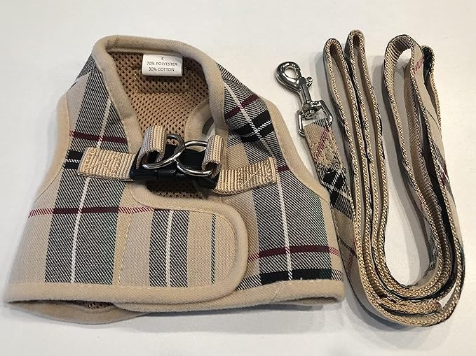 PUPTECK Soft Mesh Dog Harness Small Sized and Leash Set Step-in Plaid Puppy Padded No Pull Vest Harness for XS Dogs Cats Outdoor Walking, Beige M