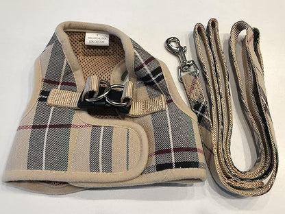 PUPTECK Soft Mesh Dog Harness Small Sized and Leash Set Step-in Plaid Puppy Padded No Pull Vest Harness for XS Dogs Cats Outdoor Walking, Beige M