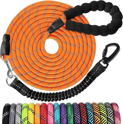 Long Dog Leash 50 FT: Heavy Duty Rope Leashes for Dogs Training with Swivel Lockable Hook Reflective Threads Bungee and Padded Handle - Dog Lead for Large Small Medium Dogs Outside Walking Orange