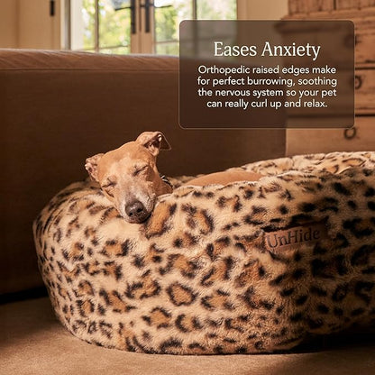 UnHide Floof Pet Bed - Medium (28" x 10") - Extra Soft Dog Bed - Removable Faux Fur Cover - Machine Washable - Helps Ease Pet Anxiety & Provides The Perfect Sleep - Leopard