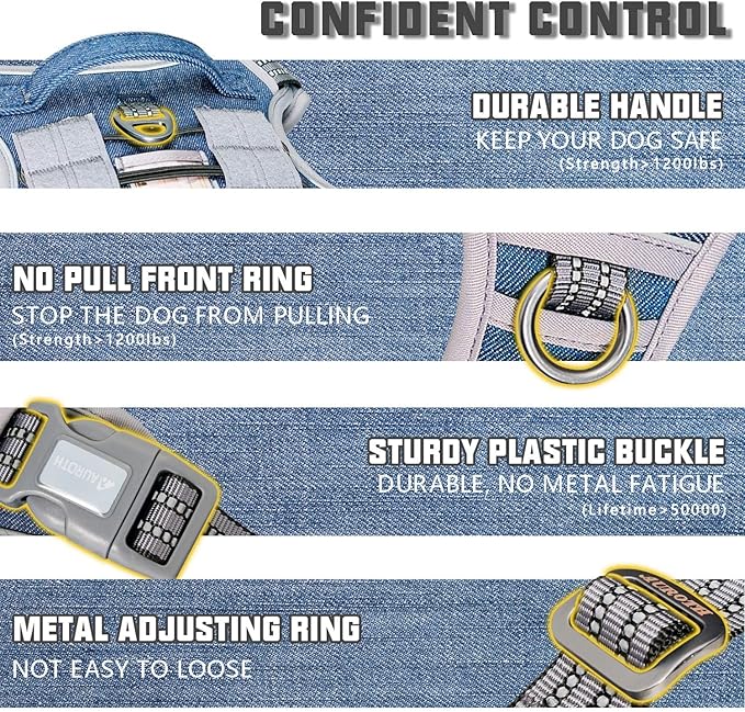 AUROTH Tactical Dog Harness for Small Medium Dogs No Pull Adjustable Pet Harness Reflective K9 Working Training Easy Control Pet Vest Military Service Dog Harnesses Denim Blue S