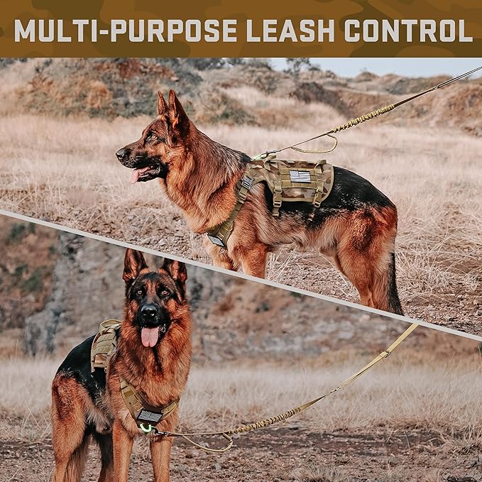 Forestpaw Tactical Dog Harness Tactical Dog Collar with Bungee Leash Set,No Pull Military Dog Harness for Walking Training,Adjustable for Medium Large Dogs,Camouflage Brown,Chest 19.5-41.5"