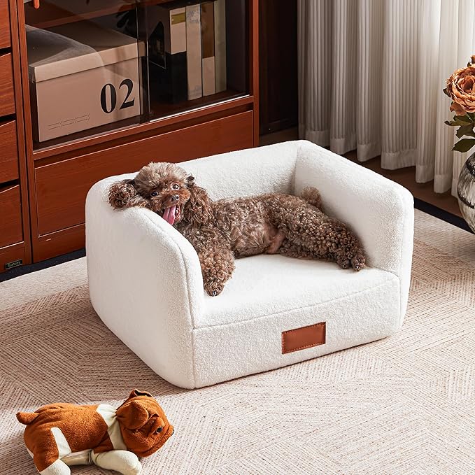 ATJafurn White Faux Shearling Dog Couch Bed for Small Dogs Cats Under 35 lbs, 25.6 Inch Modern Elevated Cat Sofa with Leather Nameplate, Indoor Furniture Style Cute Raised Pet Sofa Bed (Small)