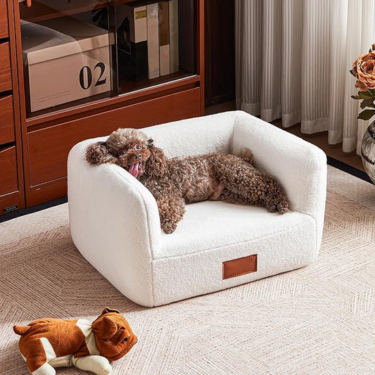ATJafurn White Faux Shearling Dog Couch Bed for Small Dogs Cats Under 35 lbs, 25.6 Inch Modern Elevated Cat Sofa with Leather Nameplate, Indoor Furniture Style Cute Raised Pet Sofa Bed (Small)