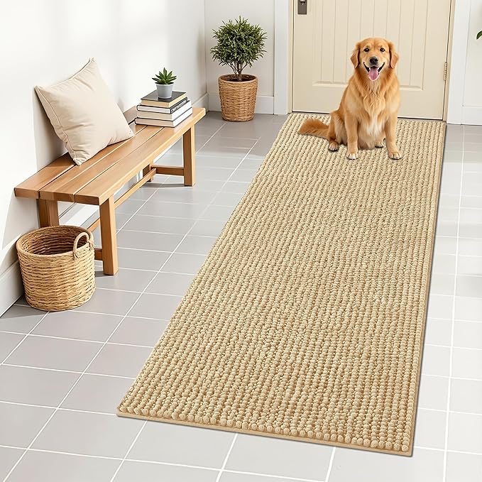 OLANLY Dog Door Mat for Muddy Paws 59x24, Ultra Absorbent Chenille Mud Doormat, Non-Slip Washable and Dirt Trapping Doormat for Indoor Entryway, Quick-Dry Indoor Pet Bed Mats for Dogs, Beige