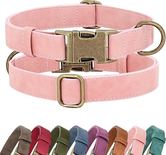 Didog Soft PU Leather Dog Collar, Stylish Quick Released Dog Collars for Large Dogs, Easy Clean Adjustable Pet Collar for Daily Walking, Pink, XL Fit 17-27" Neck
