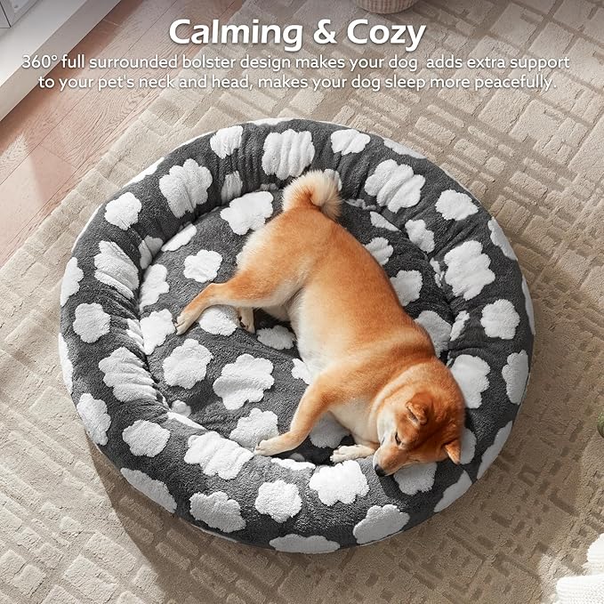 JOEJOY Donut Small Dog Bed, Round Cat Beds for Indoor Cats with Removable Washable Cover, Orthopedic Cute Puppy Kitten Pet Bed with Jacquard Shaggy Plush & Non Skid Bottom, Black