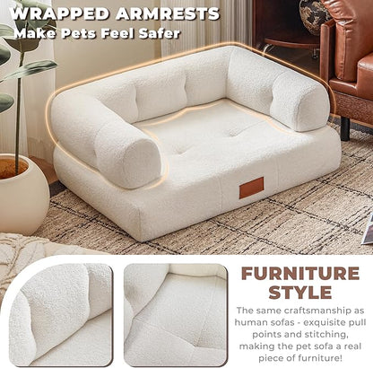 ATJafurn White Faux Shearling Dog Couch Bed for Large Dogs Under 70 lbs, 33.9 Inch Modern Tufted Elevated Dog Sofa with Leather Nameplate, Indoor Furniture Style Cute Raised Pet Sofa Bed (Large)
