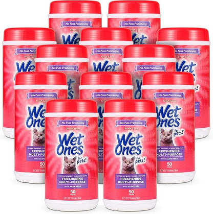 Wet Ones for Pets Freshening Multipurpose Wipes for Cats with Aloe Vera, Fresh Scent - Easy to Use Cat Cleaning Wipes for Pet Grooming in Canister, 50 Count - 12 Pack