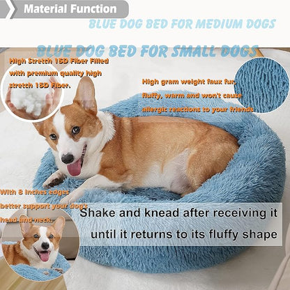 Calming Donut Dogs Beds for Small Dogs Washable,28inch Plush Round Pet Bed for Cozy Sleep,Fluffy Faux Fur Large Cat Bed,Fits up to 30 lbs Pets,Washed Blue
