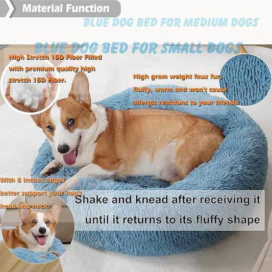 Calming Donut Dogs Beds for Small Dogs Washable,28inch Plush Round Pet Bed for Cozy Sleep,Fluffy Faux Fur Large Cat Bed,Fits up to 30 lbs Pets,Washed Blue