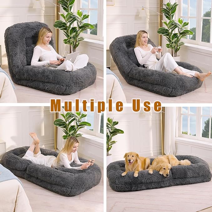 KEIKI 69" Human Dog Bed for Adults, Giant Plush Faux Fur Dog Bed with Adjustable Recliner, Foldable Nest Sofa Couch with Pillows for Bedroom or Living Room, Dark Gray