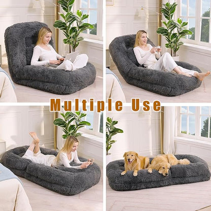 KEIKI 69" Human Dog Bed for Adults, Giant Plush Faux Fur Dog Bed with Adjustable Recliner, Foldable Nest Sofa Couch with Pillows for Bedroom or Living Room, Dark Gray
