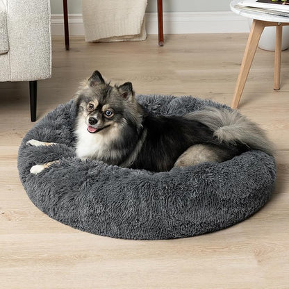 PetAmi Calming Dog Bed for Small & Medium Dogs and Cats, 23” Round Donut Dog Bed, Washable Fluffy Faux Fur Puppy & Cat Bed, Anti-Anxiety Plush Cuddler Pet Bed with Anti-Slip Bottom - Dark Gray
