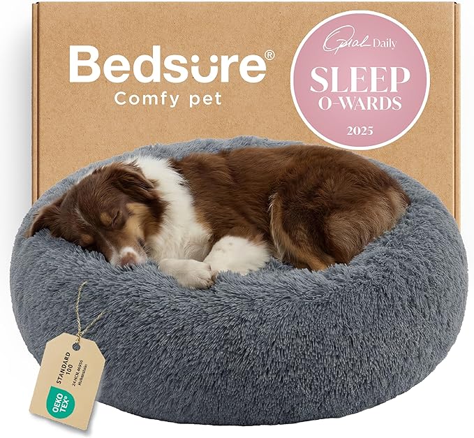Bedsure Calming Dog Bed for Large Dogs - Donut Washable Large Pet Bed, 36 inches Anti-Slip Round Fluffy Plush Faux Fur Dog Bed, Fits up to 80 lbs Pets, Dark Grey