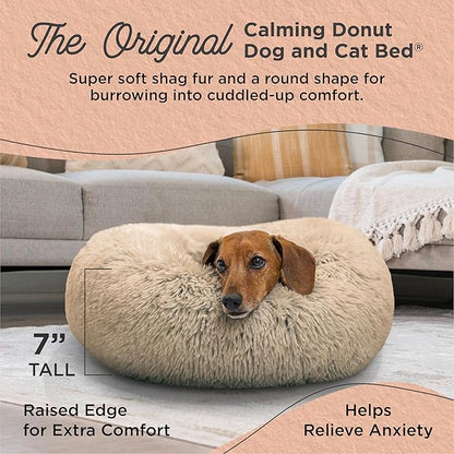 Best Friends by Sheri The Original Calming Donut Dog Bed – Washable Plush Pet Bed for Cats & Small Dogs up to 25 lbs, Shag Faux Fur, Taupe, Small (23" x 23")